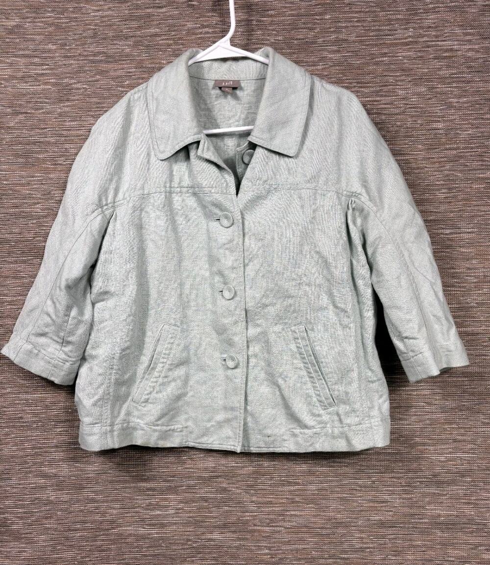 J Jill Jacket Blazer Womens Green Sz MP Linen Blend 4 Button Closure 3/4 Sleeve